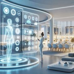 a woman standing in front of a futuristic living room