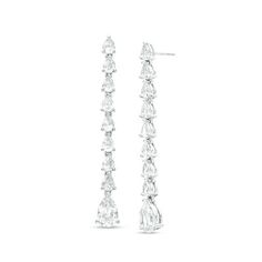 She'll marvel at the shimmer of these gorgeous drop earrings. Created in sterling silver, each dazzling drop showcases an 8.0 x 5.0mm pear-shaped lab-created white sapphire dangle suspended from a row of 4 x 3.0mm shimmering pear-shaped created sapphires. Polished to a bright shine, these post earrings secure comfortably with friction backs. Timeless Sterling Silver Drop Diamond Earrings, Timeless Drop Diamond Earrings In Sterling Silver, Luxury White Pear-shaped Earrings, Classic Teardrop Diamond Cut Earrings, Formal Teardrop Pear-shaped Diamond Cut Earrings, Formal Diamond-cut Pear Teardrop Earrings, Classic Drop Linear Earrings With Diamond Accents, Formal Pear-shaped Diamond Cut Teardrop Earrings, Formal Diamond Cut Teardrop Earrings