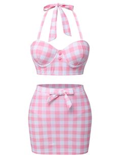 Pink 1950s Halter Plaids Bow Swimsuit | Retro Stage Studio 54 Outfits, Checkered Swimsuit, Best Dress For Girl, Bow Swimsuit, Slytherin Fashion, Swimwear Aesthetic, Retro Stage, Pink Swimwear, Retro Swimsuit