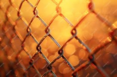 a close up view of a chain link fence with the sun in the background and blurry lights behind it