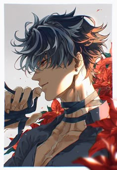 an anime character with blue hair and flowers on his shoulder, looking to the side