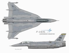 two fighter jets are shown side by side in this drawing, one is gray and the other is white