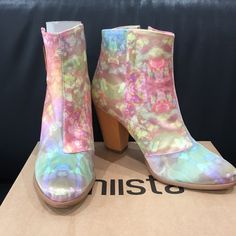 Really Cool Pair Of Miista Prism Ankle Boots. Beautiful Satiny Finish In Pastel Colors. I Think I Wore These Twice If That Since I Got Them. Approx 3” Heel-I Didn’t Measure. Great To Dress Up Or Dress Down. Bought Full Price From Miista-See Packing Slip. Original Dust Bag Included. Pink Ankle Booties For Spring, Spring High Ankle Boots With Sculpted Heel, Pink High Ankle Heeled Boots For Spring, High Ankle Boots With Sculpted Heel For Spring, Pink High Heel Boots For Spring, Pink High Heeled Boots For Spring, Multicolor High Heel Spring Boots, Multicolor High Heel Boots For Spring, Spring Pink Heeled Boots With Reinforced Heel