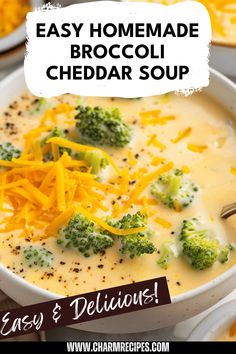 easy homemade broccoli cheddar soup in a bowl with cheese on top