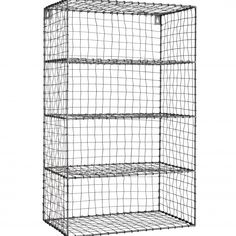 the wire shelving unit has four shelves and is made out of metal mesh, with three