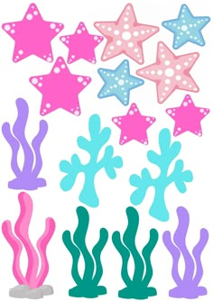 some pink and blue sea stars are next to each other