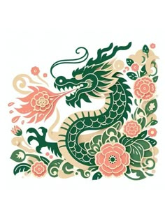 For a Green Wooden Dragon Breathing Flowers, create a flowing dragon with ornate scales and a majestic mane. Incorporate florals in its breath, merging with the body. Use a palette of greens, pinks, and creams, highlighting details for depth. Filipino Dragon, Dragon Illustration Design, Lunar New Year Drawing, New Year Drawings, Tropical Dragon, Aztec Dragon, New Year Drawing Ideas, Colourful Dragon