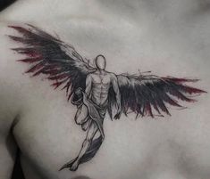 a man's chest with an angel tattoo on his chest and the wings spread out