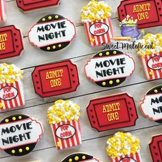 decorated cookies for movie night with popcorn on them