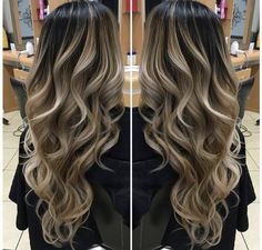 Highlights And Ombre Hair, Full Bayalage Brunette Long Hair, Dark Brown Hair To Light Brown Balayage, Black To Blonde Hair Process, Fall Blonde Balayage Dark Roots, Ombre Hair Color For Black Hair, Black To Blonde Balayage, Bayalage On Black Hair, Blonde Balayage On Black Hair