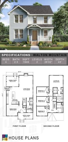 two story house plan with 3 bedroom and 2 bathrooms on the first floor, along with an attached garage