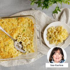 a casserole dish with macaroni and cheese next to a smiling woman