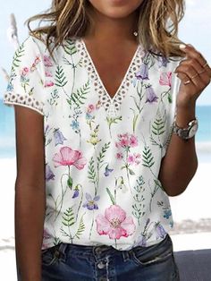 Jersey Casual Floral Shirts & Blouses is fashionable and cheap, come to Justfashionnow to find out about the Clothing Lace Short Sleeve Top, Shirts Women Fashion, Loose Shorts, Floral Print Shorts, Lace Sleeves, Short Sleeve Blouse, Summer 2024, Elegant Fashion, Casual Outfit