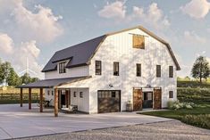 an artist's rendering of a large white barn with a covered porch and attached garage