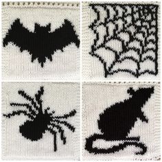 four knitted squares with black and white images of bats, spider webs, and cobwets