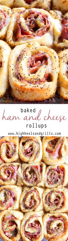 baked ham and cheese roll ups with poppy seeds on top are shown in this collage