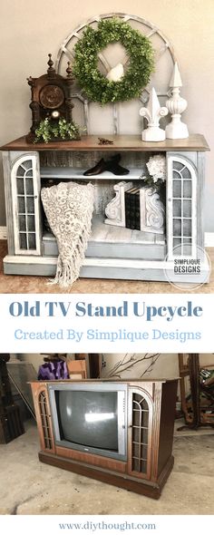 an old tv stand is transformed into a simple living room furniture