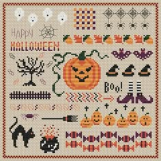 a cross stitch pattern for halloween with pumpkins and other items on it's side