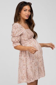 Pink Floral Smocked Square Neck Puff Sleeve Maternity Dress – PinkBlush Floral Print Short Sleeve Maternity Dress, Short Sleeve Floral Maternity Dress, Casual Maternity Dress With Smocked Bodice, Maternity Short Sleeve Dresses With Smocked Back, Maternity Dresses With Smocked Back And Short Sleeves, Feminine Short Sleeve Maternity Dress, Short Sleeve Maternity Dress With Smocked Bodice, Spring Maternity Dress With Smocked Bodice And Short Sleeves, Casual Maternity Dress With Smocked Back