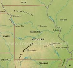 a map of the state of missouri with major cities and roads in green, outlined on a white background