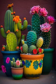 several different types of cactus in colorful pots