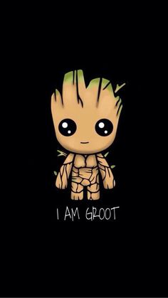 the baby groote is sitting in front of a black background with i am groott written on it