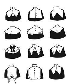 different types of blouses and shirts for men in black and white, each with a bow tie