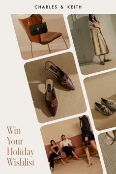 an advertisement for charles and keith's holiday wishlist, featuring women in shoes