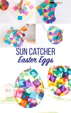 the sun catcher easter egg craft is made with colored paper and scissors