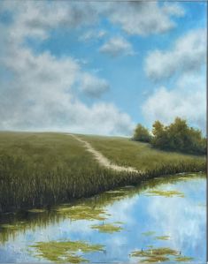 an oil painting of a grassy field next to a river