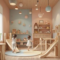 two children playing in a playroom with wooden furniture and soft pink walls, while one child plays on a slide