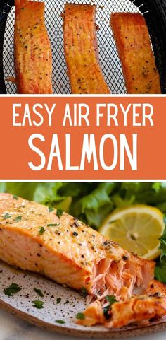 salmon fillets in air fryer with text overlay