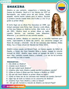 an advertisement for shakira with the caption's name and description in spanish