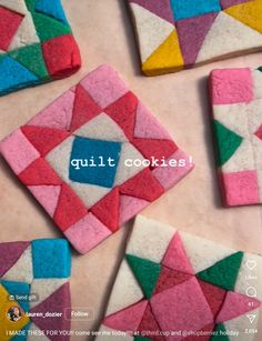 some very pretty colorful pieces of felt on a table with the words quilt cookies written in it