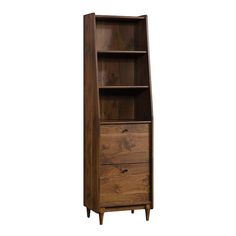 a tall wooden bookcase with two drawers on one side and an open drawer on the other