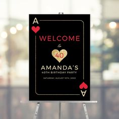 a black and gold playing card birthday party sign Vegas Themed Birthday Party, Poker Birthday Party, Casino Birthday, Digital Sign, Party Welcome Sign, Poker Night, Digital Signs, Casino Night, Party Sign