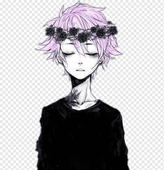 an anime character with pink hair and flowers on his head