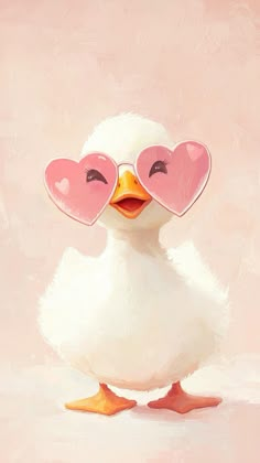 a white duck with heart shaped glasses on it's head, standing in front of a pink background