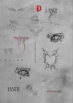 some tattoos on a piece of paper with the word love written in red and black