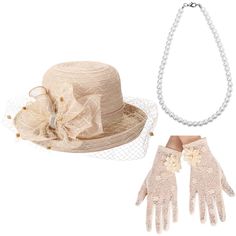 PRICES MAY VARY. Package Include: you will receive 1 piece of tea party hat for women, 1 pair of lace gloves and 1 piece of pearl necklace; These accessories are enough to meet your summer dress needs and are suitable for weddings, tea parties, engagement, and other occasions Comfortable and Serviceable: the tea hat for women is made of brocade, which is soft, comfortable and breathable; The gloves women are made of nylon and spandex with delicate lace flower patterns; The womens pearl necklace Tea Hats, Vintage Gloves, Tea Party Hats, Summer Retro, Retro Accessories, Elegant Hats, Lace Gloves, Cloche Hat, Accessories Set