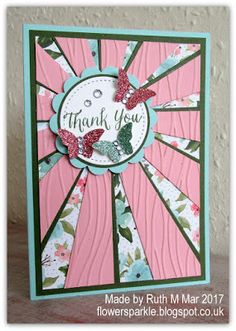 a pink and green thank you card with butterflies on the front, made by ruth m martin