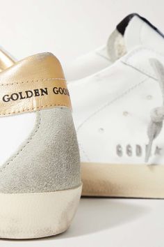 White Superstar distressed leather and suede sneakers | GOLDEN GOOSE | NET-A-PORTER Golden Goose Superstar, Golden Goose Shoes, Golden Goose Deluxe Brand, Gold Heels, Suede Sneakers, Distressed Leather, Gray Suede, Golden Goose, Gold Leather