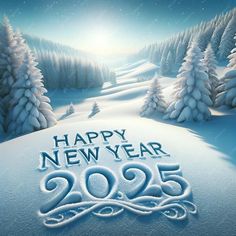 a snowy landscape with trees and the words happy new year 2055 written on it