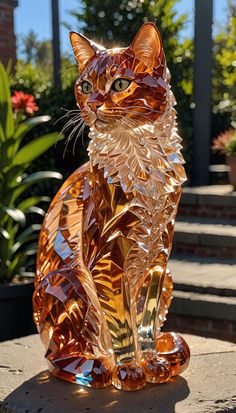 a glass cat sitting on top of a stone slab