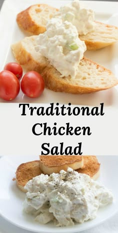 traditional chicken salad with bread and tomatoes on the side