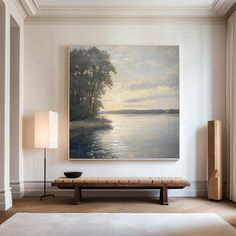 Large Landscape Painting Landscape Art On Canvas Modern Lake View Painting Canvas Art For Livingroom Retro Painting, Custom Frames, Country Landscaping, Modern Abstract Art, Lake Wall Art, Farmhouse Wall Art, Linen Canvas, Hand Painted Artwork, Neutral Wall Art