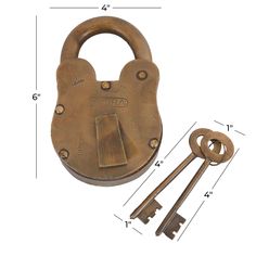 an old padlock with two keys and a key fobl on the side