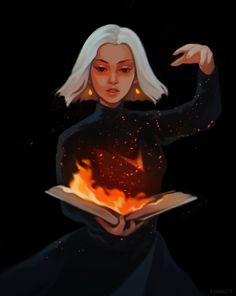 a woman with white hair holding a book in her hands and fire coming out of it