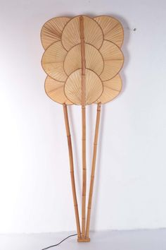 a bamboo fan is hanging on the wall