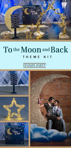 two people standing next to each other in front of a moon and back sign with stars on it